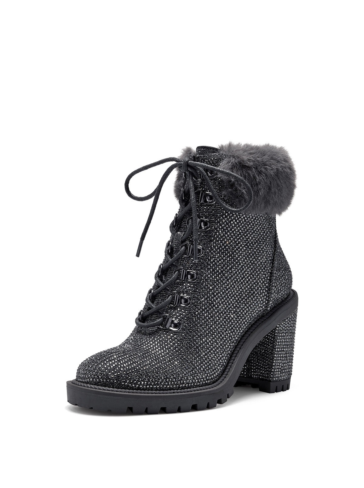 Jessica Simpson Deliah Pewter Rhinestone Fur Cuff Block Heel Combat Booties (PEWTER MULTI, 6)
